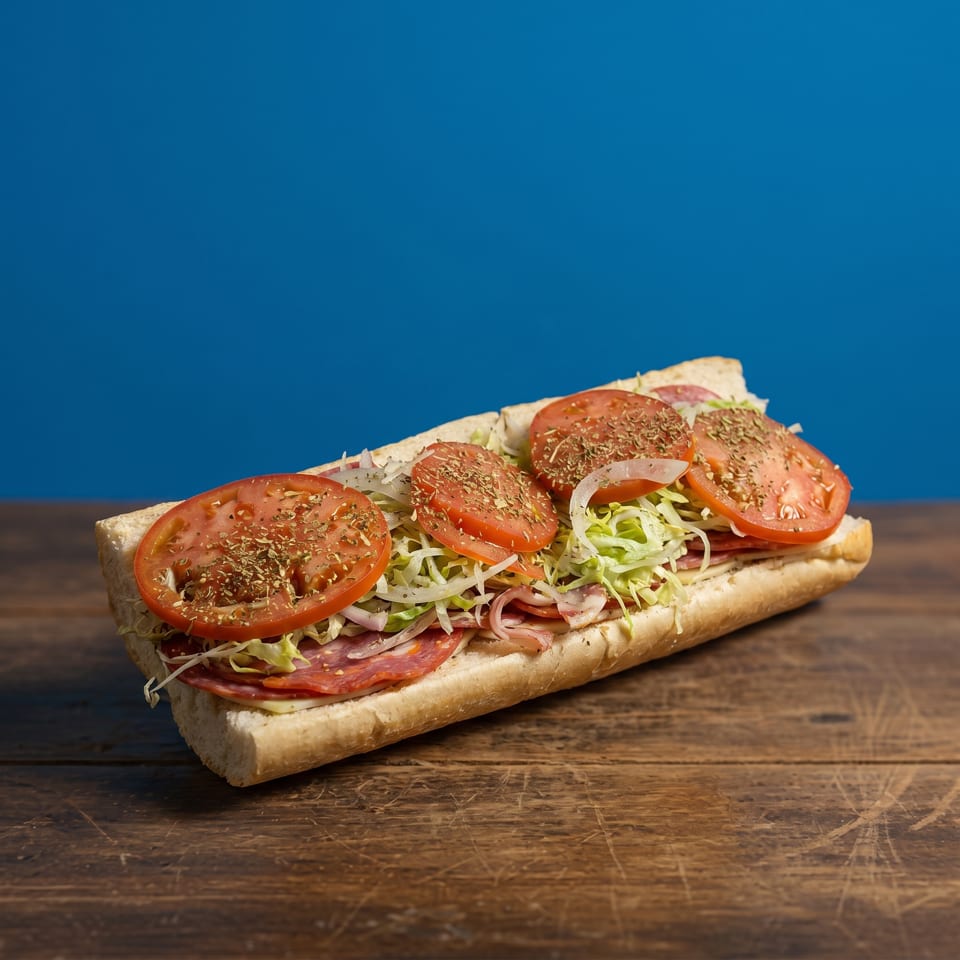 A large submarine sandwich with salami, cheese, lettuce, onions, and tomatoes on a wooden table.