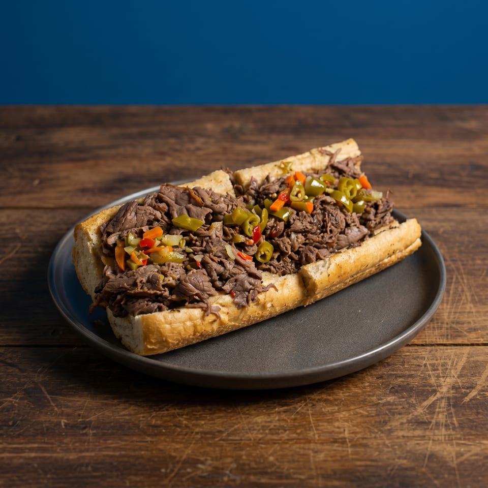 A beef sandwich with giardiniera on a dark plate, on a rustic wooden table.