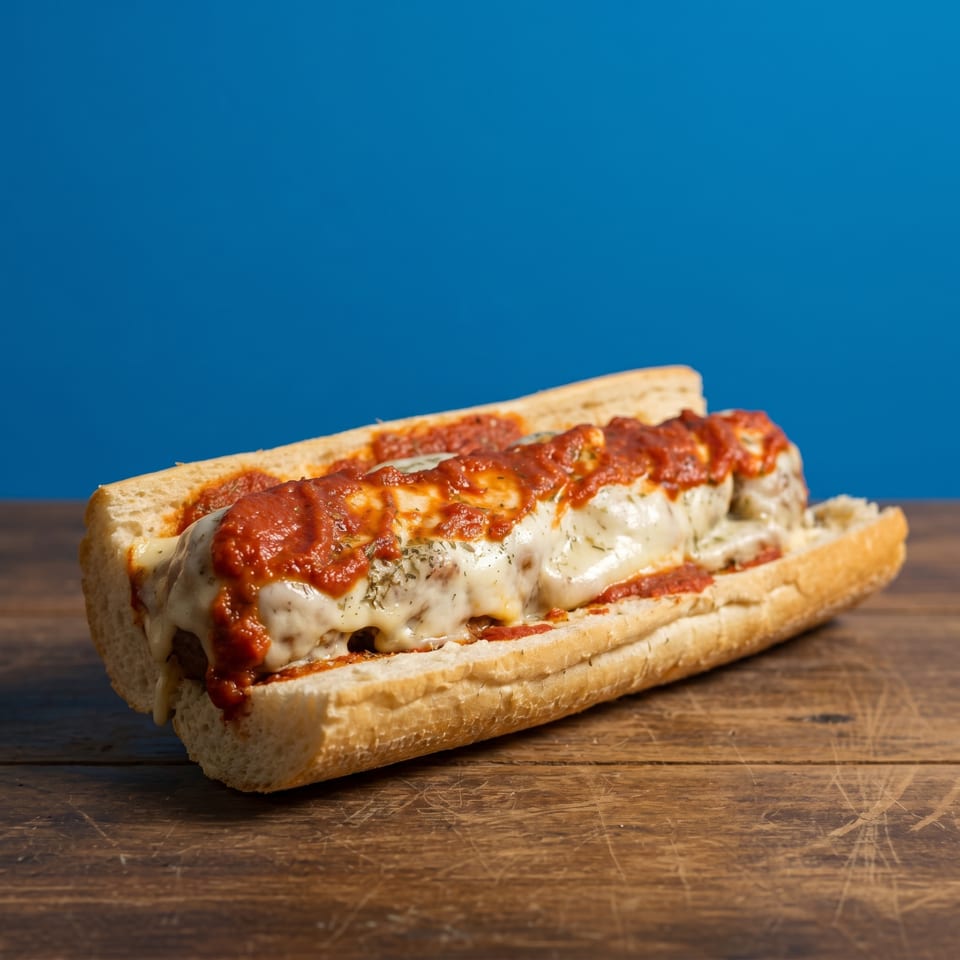 Meatball sub with melted cheese and marinara sauce on a wooden table against a blue background.
