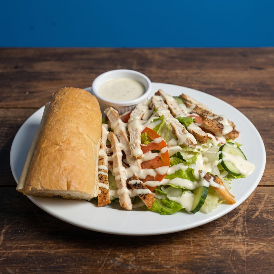 Grilled chicken salad with tomatoes, cucumbers, and dressing, served with a baguette and dipping sauce.