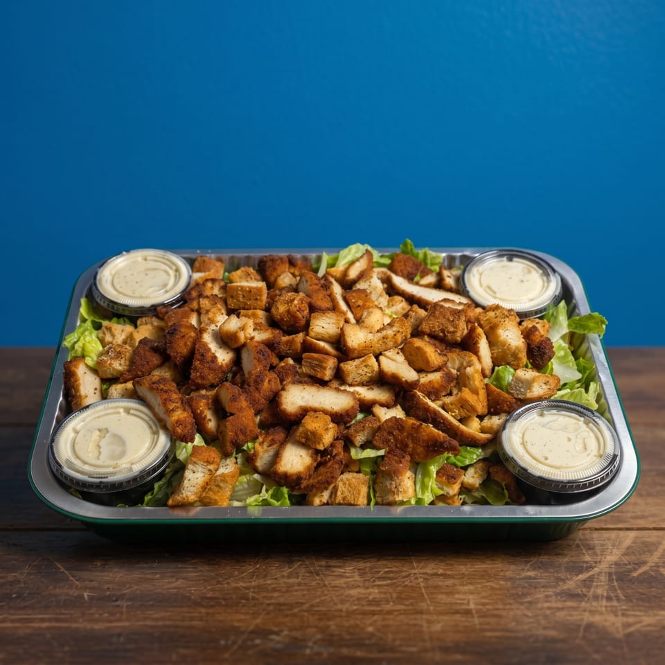 A large catering tray of Caesar salad with crispy chicken, croutons, and four dressing cups.